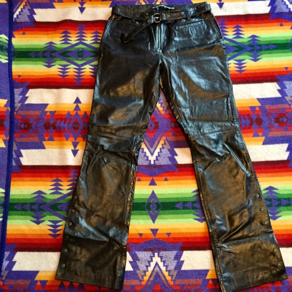 🏍️ DKNY Black Leather MOTORCYCLE LEATHER PANTS  Snap Sz 6 SO VERY SEXY EPLC
